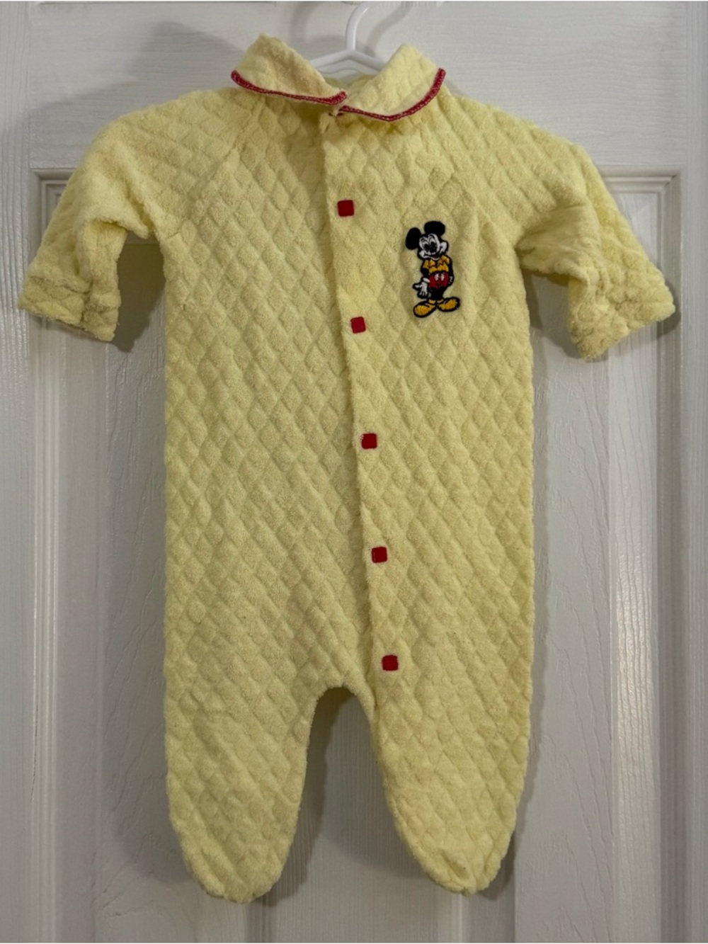 Vintage Baby Unisex Yellow Quilted Footed Baby One-Piece with Micky Mouse Patch